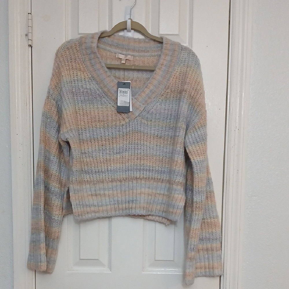 NWT Guess Cream Multicolor Striped V-Neck Neena Wool Ribbed Pullover Sweater